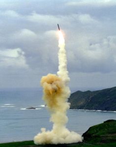 A Minuteman III missile takes off from Launch Facility 26.